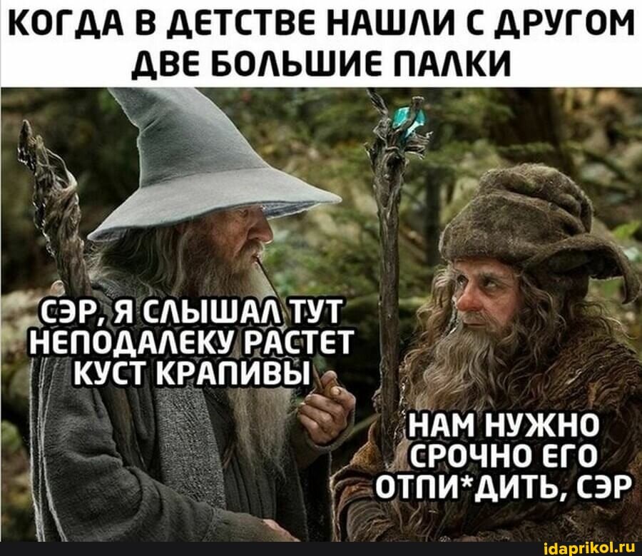 КОГДА В ДЕТСТВЕ НАШЛИ С ДРУГОМ
ДВЕ БОЛЬШИЕ ПАЛКИ
СЭР, Я СЛЫШАЛ ТУТ НЕПОДАЛЕКУ РАСТЕТ КУСТ КРАПИВЫ
НАМ НУЖНО СРОЧНО ЕГО ОТПИ*ДИТЬ, СЭР