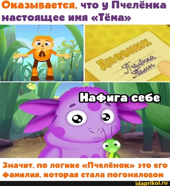 Оказывается. что Пчелёнка
настоящее имя "Тёма" г) -
Значит. по логике "Пчелёнок" это его
Фамилия. которая стала погоняловом