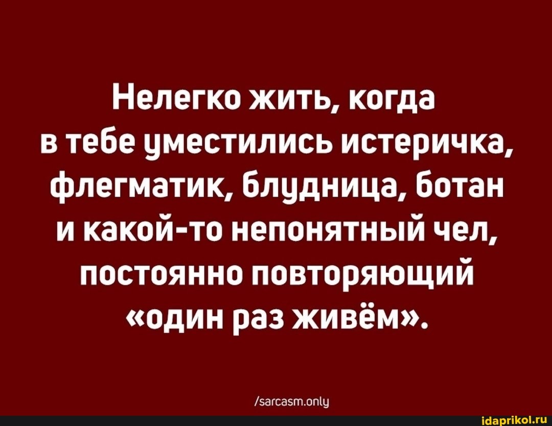 Нелегко жить, когда в тебе уместились истеричка, флегматик, блудница, ботан и какой-то непонятный чел, постоянно повторяющий
"один раз живём".
/загсазт.опу
