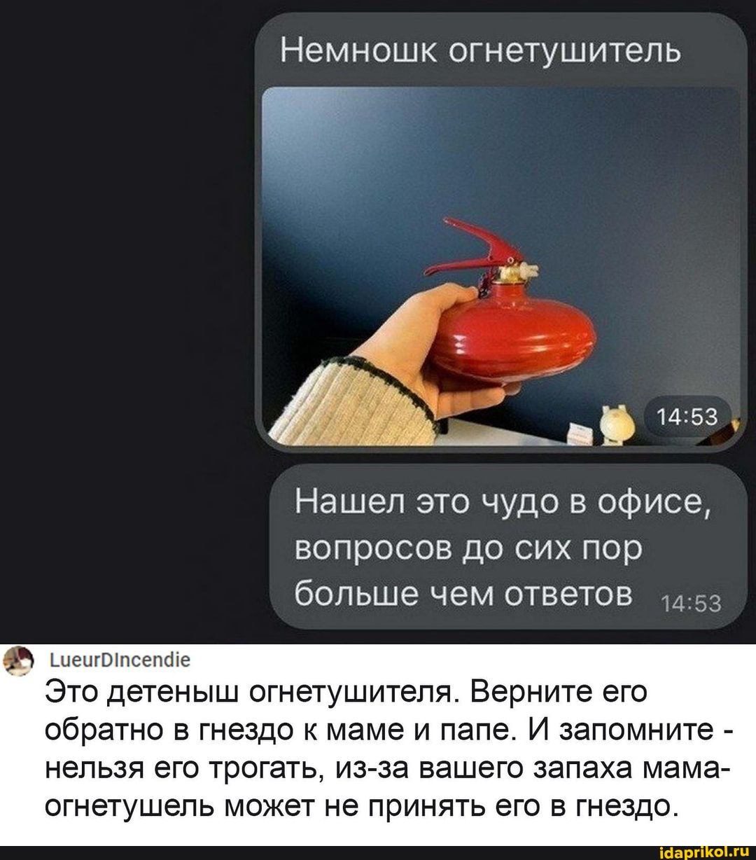 Немношк огнетушитель
Нашел это чудо в офисе, вопросов до сих пор больше чем ответов
Это детеныш огнетушителя. Верните его обратно в гнездо к маме и папе. И запомните -
нельзя его трогать, из-за вашего запаха мама- огнетушель может не принять его в гнездо.