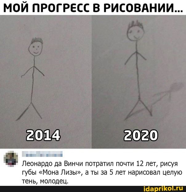 МОЙ ПРОГРЕСС В РИСОВАНИИ...
Леонардо да Винчи потратил почти 12 лет, рисуя
губы "Мона Лизы", а ты за 5 лет нарисовал целую
тень, молодец.