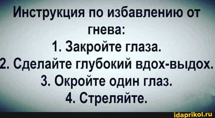нструкция по избавлению от гнева:
1. Закройте глаза.
2. Сделайте глубокий вдох-выдох.
3. Окройте один глаз.
4. Стреляйте.
