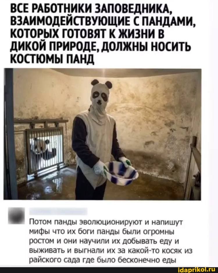 ВСЕ РАБОТНИКИ ЗАПОВЕДНИКА,
ВЗАИМОДЕЙСТВУЮЩИЕ ПАНДАМИ,
КОТОРЫХ ГОТОВЯТ К ЖИЗНИ В ДИКОЙ ПРИРОДЕ, ДОЛЖНЫ НОСИТЬ КОСТЮМЫ ПАНД
Потом панды эволюционируют и напишут мифы что их боги панды были огромны ростом и они научили их добывать еду и выживать и выгнали их за какой-то косяк из райского сада где было бесконечно еды