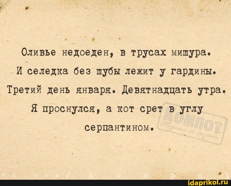 Оливье недоеден, в трусах митура.
И селедка без шубы лежит у гардины.
Третий день января. Девятнадцать утра.
Я проснулся, а кот срет в углу
серпантином.