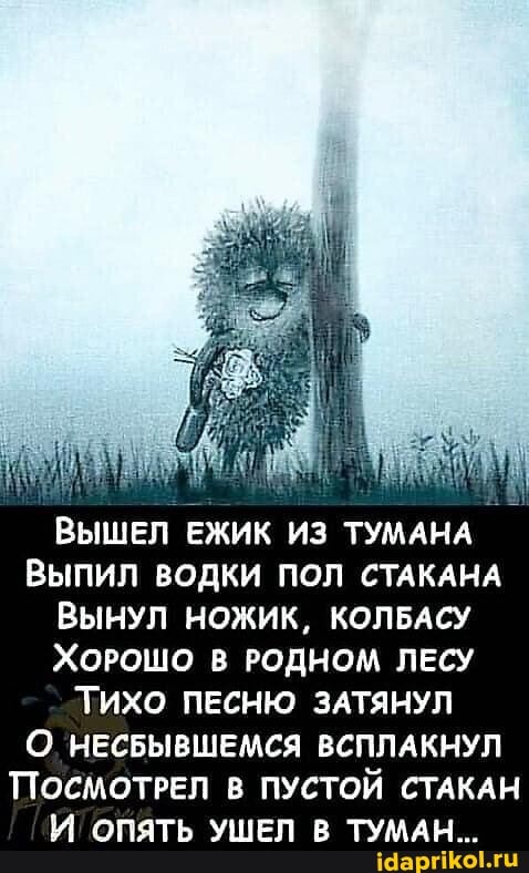 ВЫШЕЛ ЕЖИК ИЗ ТУМАНА ВЫПИЛ ВОДКИ ПОЛ СТАКАНА ВЫНУЛ НОЖИК, КОЛБАСУ ХОРОШО В РОДНОМ ЛЕСУ Тихо ПЕСНЮ ЗАТЯНУЛ О. НЕСБЫВШЕМСЯ ВСПЛАКНУЛ ПОСМОТРЕЛ В ПУСТОЙ СТАКАН И ОПЯТЬ УШЕЛ В ТУМАН...