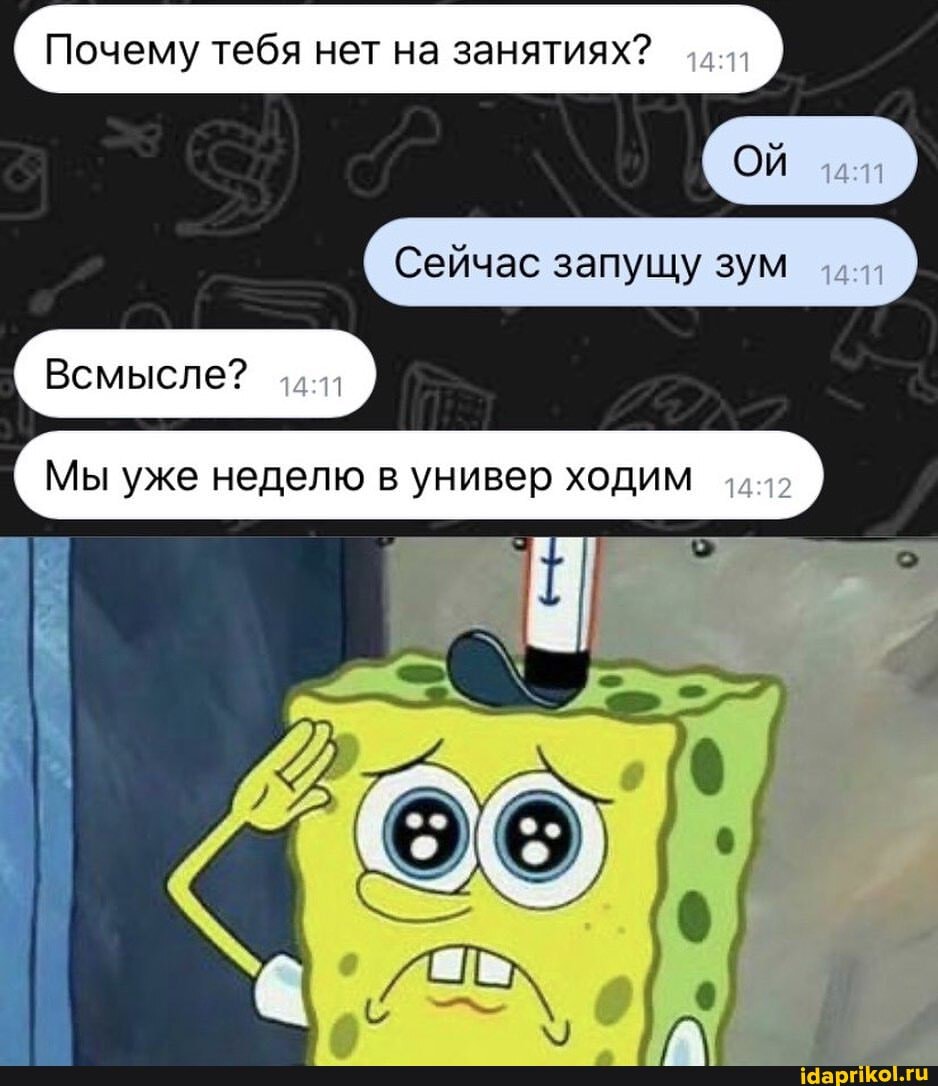 Почему тебя нет на занятиях?
Сейчас запущу зум
Мы уже неделю в универ ходим