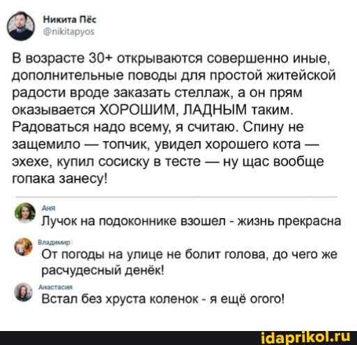 Никита Пёс пиаруоз
В возрасте 30+ открываются совершенно иные, дополнительные поводы для простой житейской радости вроде заказать стеллаж, а он прям оказывается ХОРОШИМ, ЛАДНЫМ таким.
Радоваться надо всему, я считаю. Спину не защемило - топчик, увидел хорошего кота - эхехе, купил сосиску в тесте - ну щас вообще гопака занесу!
Аня
'Лучок на подоконнике взошел - жизнь прекрасна
От погоды на улице не болит голова, до чего же расчудесный денёк!
@ Встал без хруста коленок - я ещё огого!