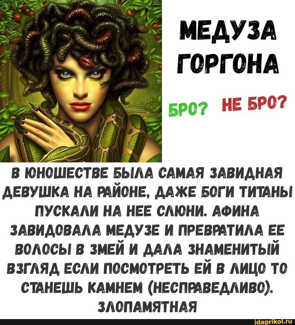 МЕДУЗА ГОРГОНА
НЕ
В ЮНОШЕСТВЕ БЫЛА САМАЯ ЗАВИДНАЯ ДЕВУШКА НА РАЙОНЕ, ДАЖЕ БОГИ ТИТАНЫ ПУСКАЛИ НА НЕЕ СЛЮНИ. АФИНА ЗАВИДОВАЛА МЕДУЗЕ И ПРЕВРАТИЛА ЕЕ ВОЛОСЫ В ЗМЕЙ И ДАЛА ЗНАМЕНИТЫЙ ВЗГЛЯД ЕСЛИ ПОСМОТРЕТЬ ЕЙ В ЛИЦО ТО СТАНЕШЬ КАМНЕМ (НЕСПРАВЕДЛИВО).
ЗЛОПАМЯТНАЯ