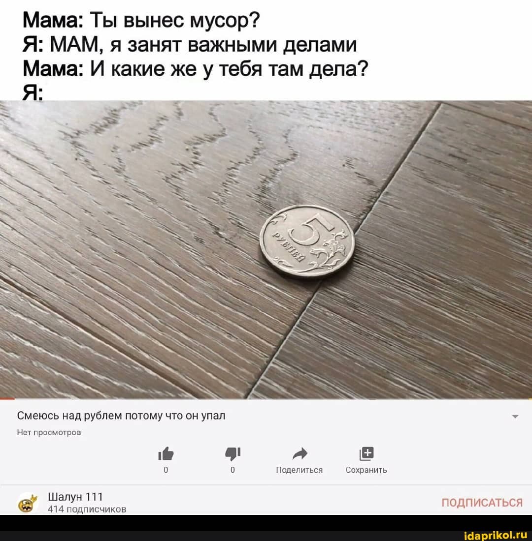 Мама: Ты вынес мусор?
Я: МАМ, я занят важными делами
Мама: И какие же у тебя там дела?
