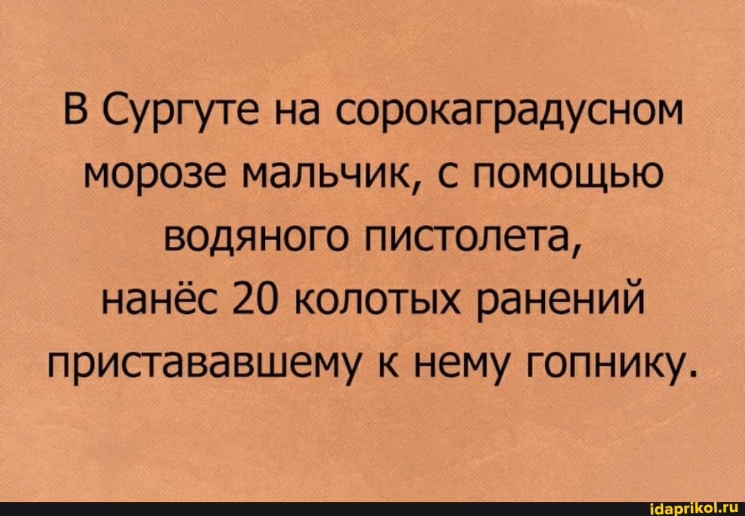 В Сургуте на сорокаградусном морозе мальчик, с помощью водяного пистолета, нанёс 20 колотых ранений пристававшему к нему гопнику.