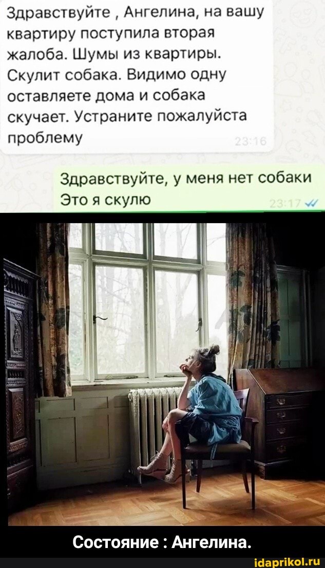 Здравствуйте Ангелина, на вашу квартиру поступила вторая жалоба. Шумы из квартиры.
Скулит собака. Видимо одну оставляете дома и собака скучает. Устраните пожалуйста проблему
Здравствуйте, у меня нет собаки
Это я скулю
Состояние : Ангелина. - Состояние : Ангелина.
