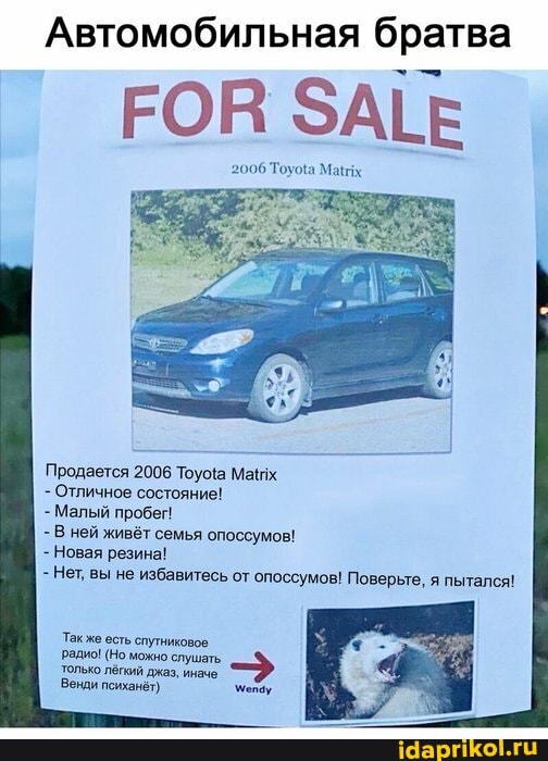 Автомобильная братва
РОВ ЗАГЕ
2006 Ма
Продается 2006 Мах
- Отличное состояние!
- Малый пробег!
- В ней живёт семья опоссумов!
- Новая резина!
- Нет, вы не избавитесь от опоссумов! Поверьте, я пытался!
Также есть спутниковое радио! (Но можно слушать только лёлий джаз, иначе
Венди психанёт)