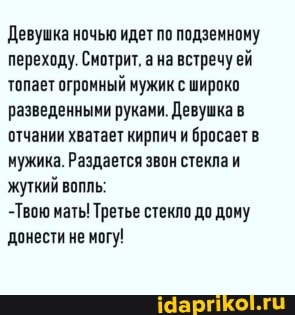 Девушка ночью идет по подземному переходу. Смотрит, а на встречуей топает огромный мужик с широко разведенными руками. Девушка в отчании хватает кирпичи бросает мужика. Раздается звон стекла и жуткий вопль:
-Твою мать! Третье стекло до дому донести не могу!