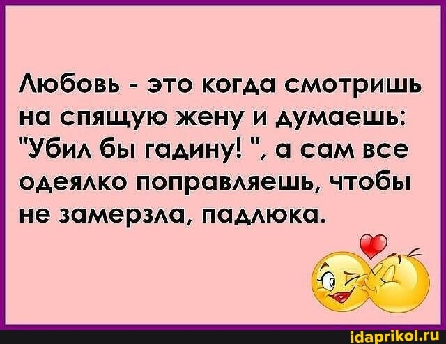 Любовь - это когда смотришь на спящую жену и думаешь:
"Убил бы гадину! а сам все
одеялко поправляешь, чтобы не замерзла, падлюка.