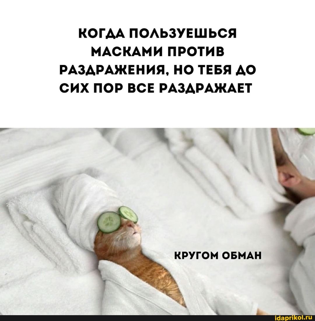 КОГДА ПОЛЬЗУЕШЬСЯ МАСКАМИ ПРОТИВ РАЗДРАЖЕНИЯ, НО ТЕБЯ ДО СИХ ПОР ВСЕ РАЗДРАЖАЕТ
КРУГОМ ОБМАН