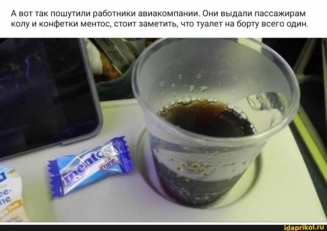А вот так пошутили работники авиакомпании. Они выдали пассажирам колу и конфетки ментос, стоит заметить, что туалет на борту всего один