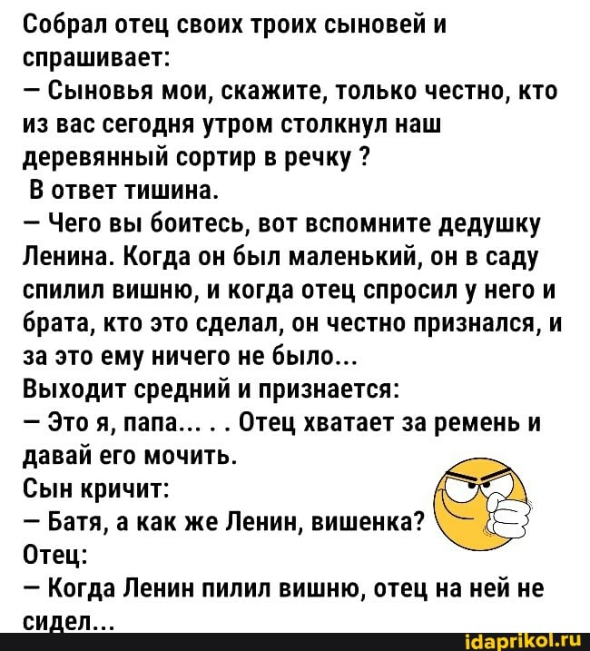 Собрал отец своих троих сыновей и спрашивает:
- Сыновья мои, скажите, только честно, кто из вас сегодня утром столкнул наш деревянный сортир в речку ?
В ответ тишина.
- Чего вы боитесь, вот вспомните дедушку
Ленина. Когда он был маленький, он в саду спилил вишню, и когда отец спросил у него и брата, кто это сделал, он честно признался, и за это ему ничего не было...
Выходит средний и признается:
- Это я, папа... Отец хватает за ремень и давай его мочить.
Сын кричит:
- Батя, а как же Ленин, вишенка?
Отец:
- Когда Ленин пилил вишню, отец на ней не сидел...
