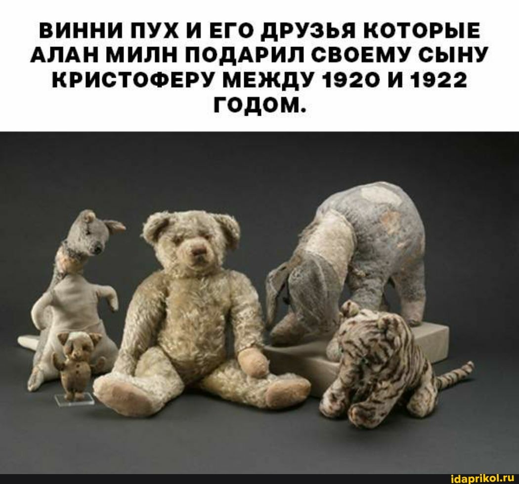 ВИННИ ПУХ И ЕГО ДРУЗЬЯ КОТОРЫЕ АЛАН МИЛН ПОДАРИЛ СВОЕМУ СЫНУ КРИСТОФЕРУ МЕЖДУ 1920 И 1922 годом.