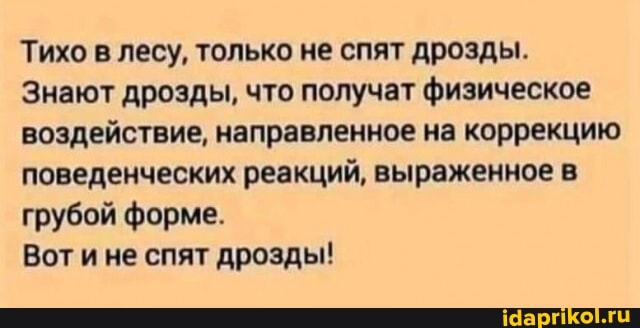 Тихо в лесу, только не спят дрозды.
Знают дрозды, что получат физическое воздействие, направленное на коррекцию поведенческих реакций, выраженное в грубой форме.
Вот и не спят дрозды!