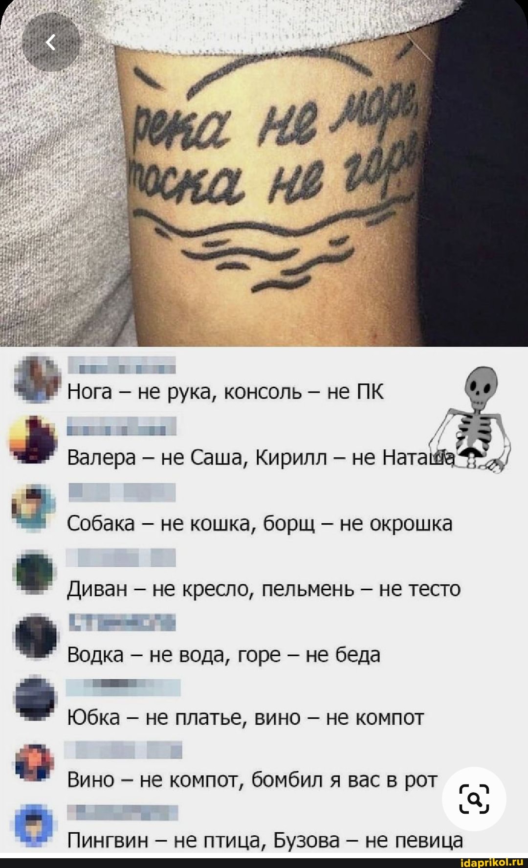 Нога не рука, консоль - не ПК
с! А Валера не Саша, Кирилл - не Натава ж/
Собака - не кошка, борщ не окрошка
Диван не кресло, пельмень не тесто
Водка - не вода, горе не беда
Юбка не платье, вино - не компот
Вино не компот, бомбил я вас в рот
Пингвин не птица, Бузова - не певица