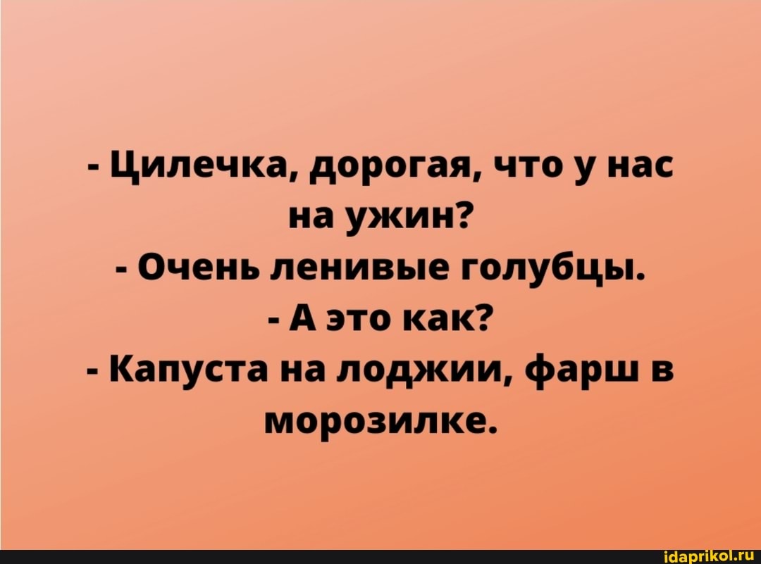 - Цилечка, дорогая, что у нас на ужин?
- Очень ленивые голубцы.
- А это как?
- Капуста на лоджии, фарш в морозилке.