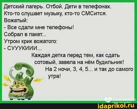 Детский лагерь. Отбой. Дети в телефонах.
Кто-то слушает музыку, кто-то СМСится.
Вожатый:
- Все сдали мне телефоны!
Собрал в пакет...
Утром крик вожатого:
- СУУУКИИИ...
Каждая детка перед тем, как сдать сотовый, завела на нём будильник!
На 2 ночи, 3, 4, 5... и так до самого утра!