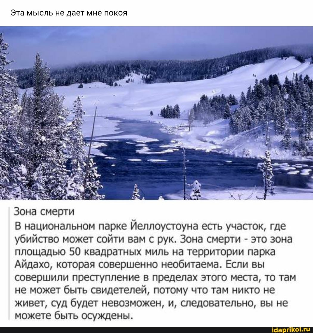 Эта мысль не дает мне покоя
Зона смерти
В национальном парке Йеллоустоуна есть участок, где убийство может сойти вам с рук. Зона смерти - это зона площадью 50 квадратных миль на территории парка
Айдахо, которая совершенно необитаема. Если вы совершили преступление в пределах этого места, то там не может быть свидетелей, потому что там никто не живет, суд будет невозможен, и, следовательно, вы не можете быть осуждены.