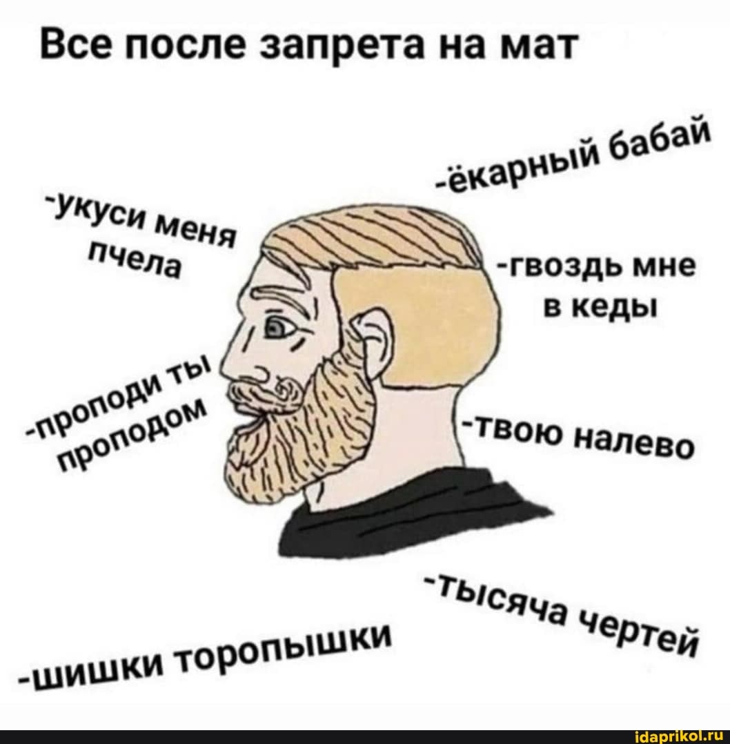 Все после запрета на мат
баба
`УКуси
Пчела
\ -гвоздь мне в кеды
сом
Яча шишки торопьшки