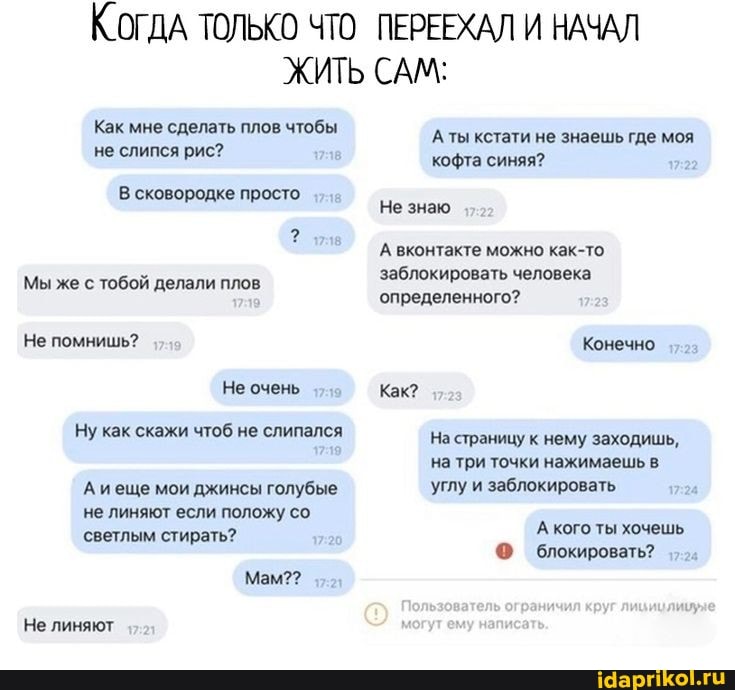 КОГДА ТОЛЬКО ЧТО ПЕРЕЕХАЛ И НАЧАЛ ЖИТЬ САМ:
Как мне сделать плов чтобы
сковородке просто...
не слипся рис?
Мы же с тобой делали плов
Не помнишь?
Не очень
Ну как скажи чтоб не слипался
'А иеще мои джинсы голубые
не линяют если положу со
светлым стирать?
Мам??
Не линяют
А ты кстати не знаешь где моя кофта синяя?
Не знаю
А вконтакте можно как-то заблокировать человека определенного?
Конечно
Как?
На страницу к нему заходишь, на три точки нажимаешь в углу и заблокировать,
А кого ты хочешь блокировать?