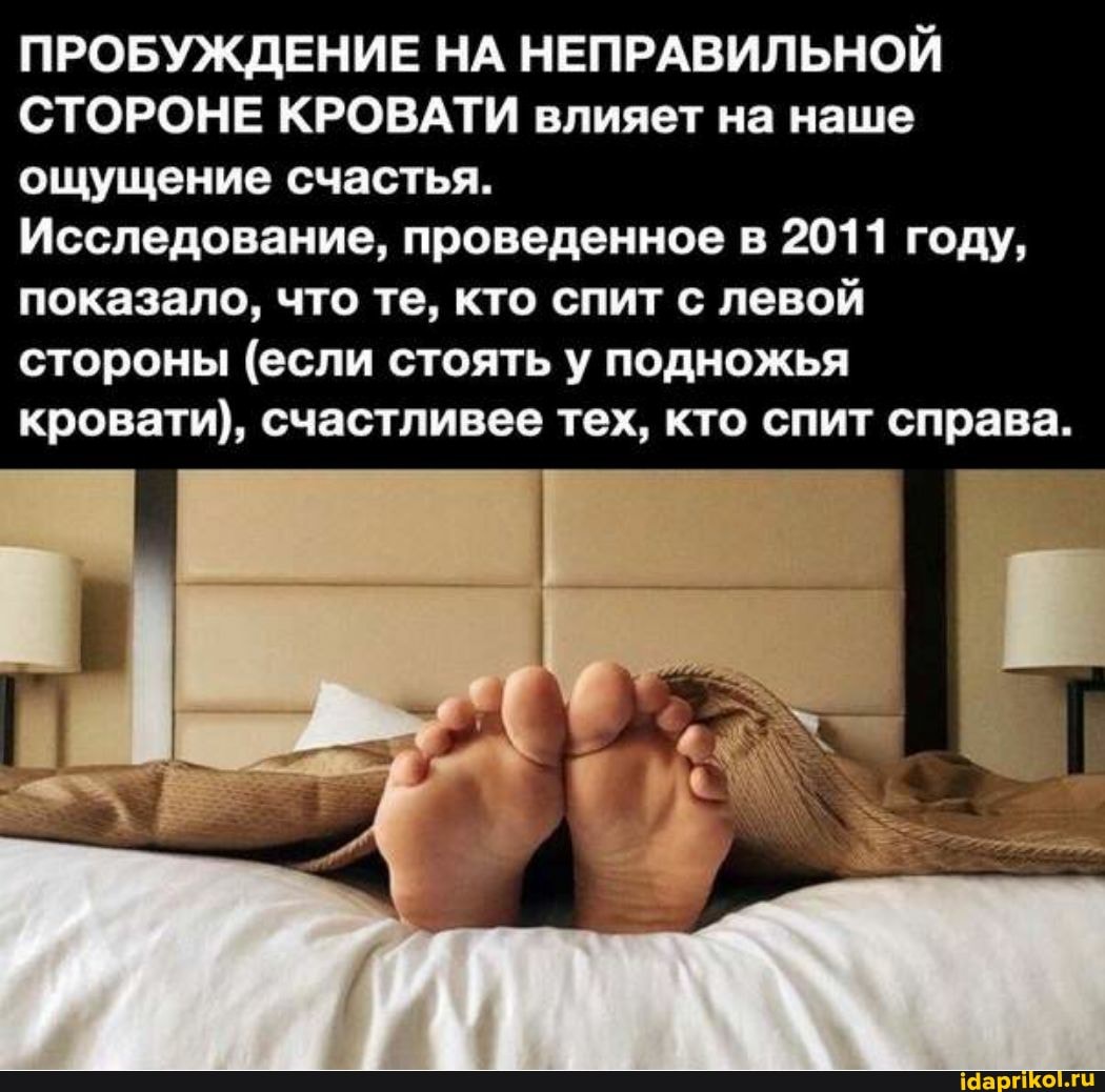 ПРОБУЖДЕНИЕ НА НЕПРАВИЛЬНОЙ СТОРОНЕ КРОВАТИ влияет на наше
ощущение счастья.
Исследование, проведенное в 2011 году, показало, что те, кто спит с левой стороны (если стоять у подножья кровати), счастливее тех, кто спит справа.