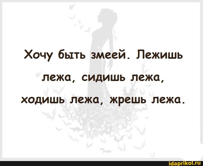 Хочу быть змеей. Лежишь лежа, сидишь лежа,
ходишь лежа, жрешь лежа.