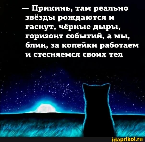 - Прикинь, там реально звёзды рождаются и гаснут, чёрные дыры, горизонт событий, а мы, блин, за копейки работаем
и стесняемся своих тел