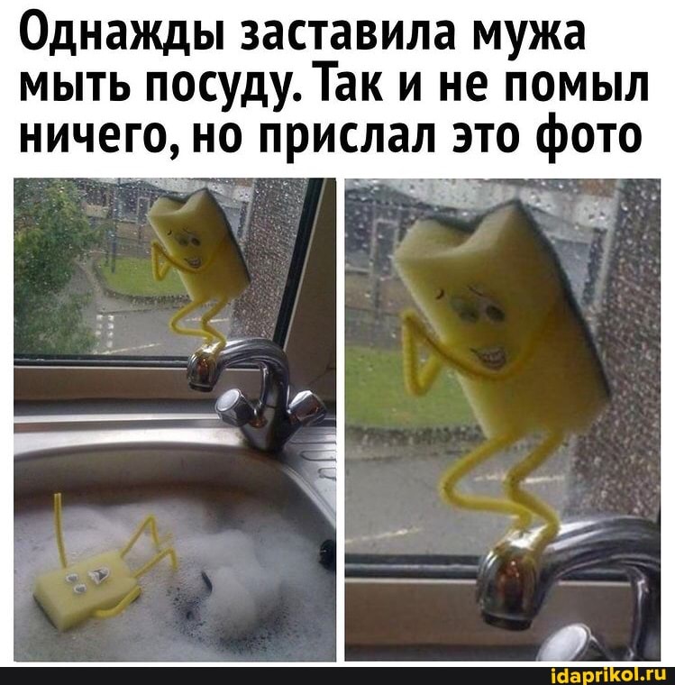 Однажды заставила мужа мыть посуду. Так и не помыл ничего, но прислал это фото