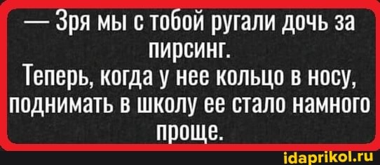 - Зря мы с тобой ругали дочь за пирсинг.
Теперь, когда у нее кольцо в носу, поднимать в школу ее стало намного проще.