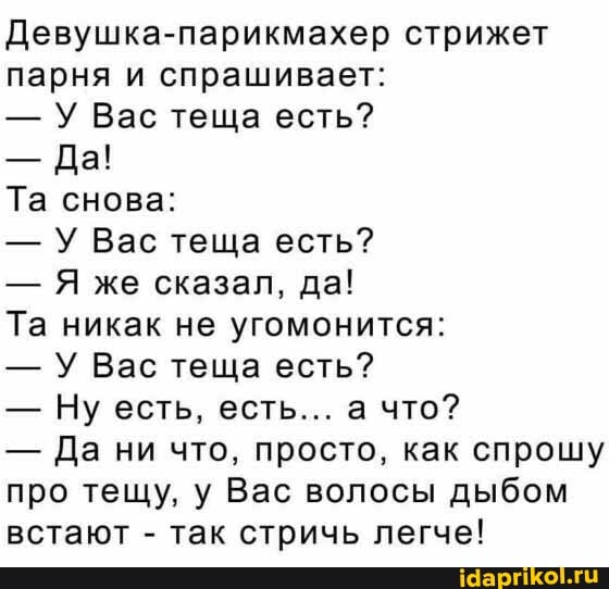 Девушка-парикмахер стрижет парня и спрашивает:
- У Вас теща есть?
- Да!
Та снова:
- У Вас теща есть?
- Я же сказал, да!
Та никак не угомонится:
- У Вас теща есть?
- Ну есть, есть... а что?
- Да ни что, просто, как спрошу про тещу, у Вас волосы дыбом встают - так стричь легче!