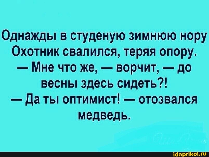 Однажды в студеную зимнюю нору
Охотник свалился, теряя опору.
- Мне что же, - ворчит, - до весны здесь сидеть?!
- Да ты оптимист! - отозвался медведь.