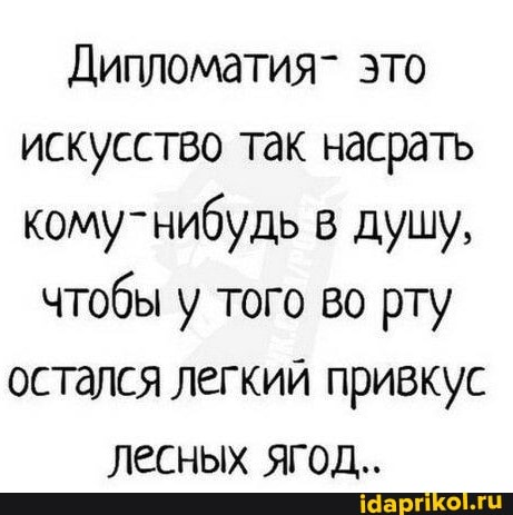 Дипломатия- это искусство так насрать кому-нибудь в душу,
чтобы у того во рту остался легкий привкус лесных ягод..