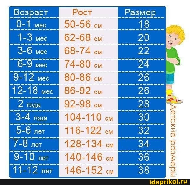 Возраст
Рост
50-56 см
62-68 см
68-74 см
74-80 см
80-86 см
86-92 см
92-98 см
104-110 см
116-122 см
128-134 см
140-146 см
146-152 см
Размер