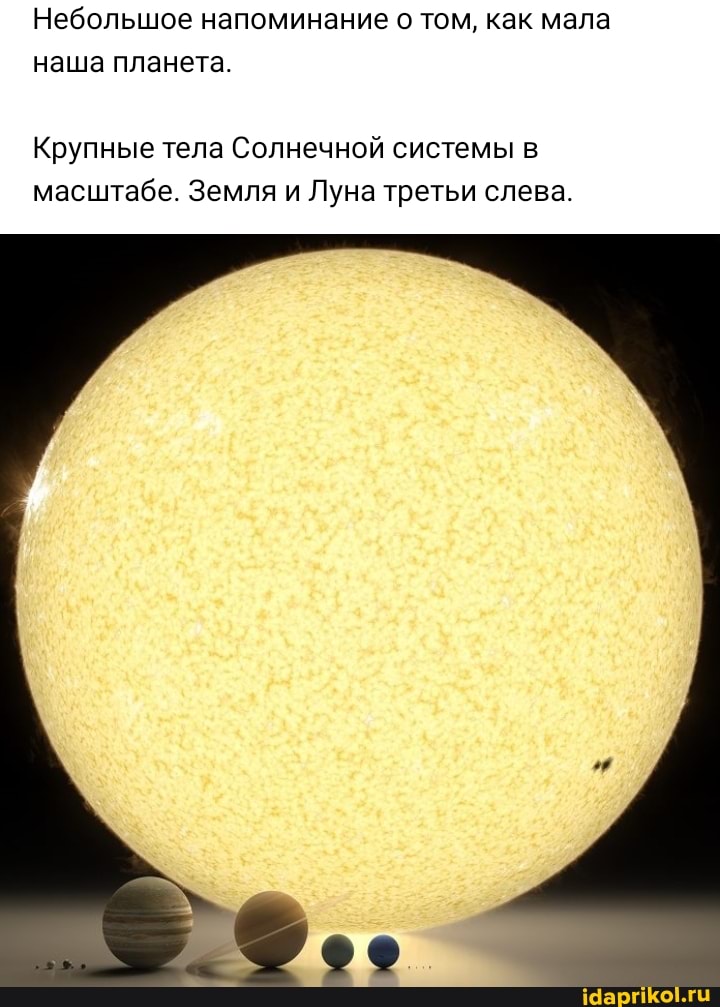Небольшое напоминание о том, как мала наша планета.
Крупные тела Солнечной системы в масштабе. Земля и Луна третьи слева.