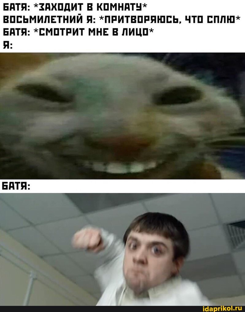 БАТЯ: *ЗАХОДИТ В КОМНАТУ*
ВОСЬМИЛЕТНИЙ Я: *ПРИТВОРЯЮСЬ, ЧТО СПЛЮ*
BATA: *СМОТРИТ МНЕ В ЛИЦО"