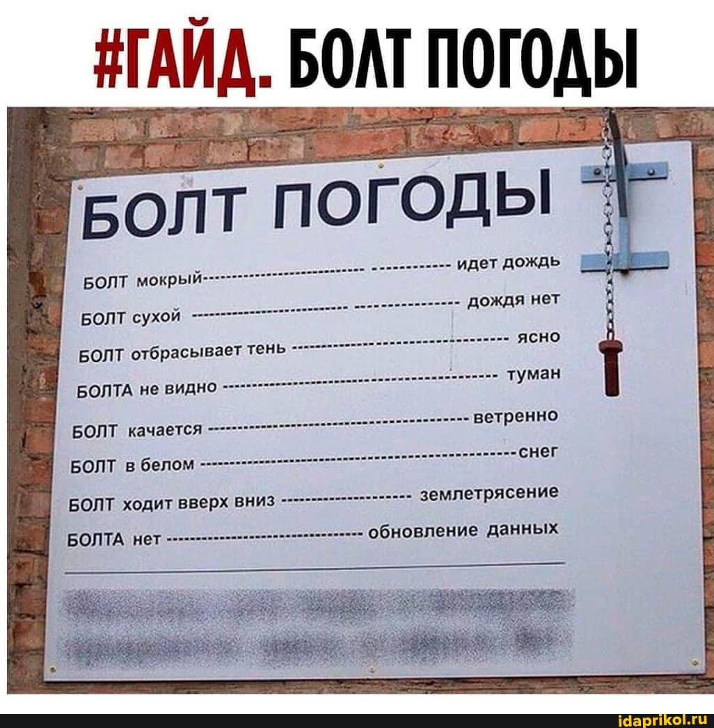 ПОГОДЫ
БОЛТ мокрый
ДОЖАЯ нет
БОЛТ сухой
БОЛТ отбрасывает тень
БОЛТА не видно
БОЛТ качается
БОЛТ в белом землетрясение
БОЛТ ходит вверх вниз
БОЛТА нет - Обновление данных