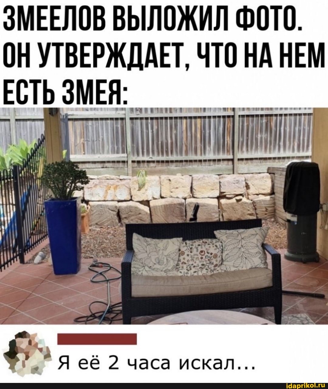 ЗМЕЕЛОВ ВЫЛОЖИЛ ФОТО.
ОН УТВЕРЖДАЕТ, ЧТО НА НЕМ ЕСТЬ ЗМЕЯ:
Я её 2 часа искал...