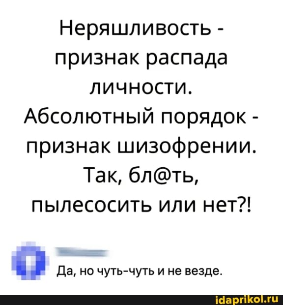 Неряшливость - признак распада личности.
Абсолютный порядок - признак шизофрении.
Так, пылесосить или нет?!
Да, но чуть-чуть и не везде.