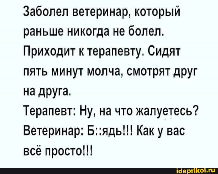 Заболел ветеринар, который раньше никогда не болел.
Приходит к терапевту. Сидят пять минут молча, смотрят друг на друга.
Терапевт: Ну, на что жалуетесь?
Ветеринар: Как у вас всё просто!!!