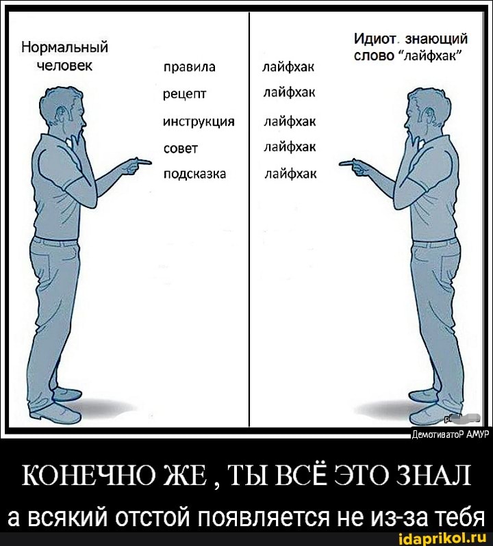 Нормальный человек
правила рецепт инструкция совет
подсказка
лайфхак лайфхак лайфхак лайфхак
лайфхак
Идиот. знающий слово "лайфхак"
АМУР
КОНЕЧНО ЖЕ ТЫ ВСЁ ЭТО ЗНАЛ а всякий отстой появляется не из-за тебя