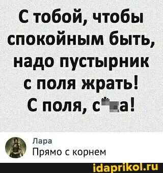 С тобой, чтобы спокойным быть, надо пустырник с поля жрать!
С поля, с* ша!