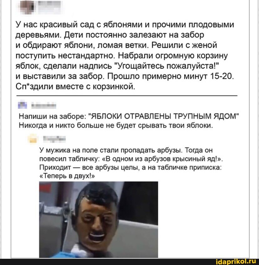 У нас красивый сад с яблонями и прочими плодовыми деревьями. Дети постоянно залезают на забор
и обдирают яблони, ломая ветки. Решили с женой поступить нестандартно. Набрали огромную корзину яблок, сделали надпись "Угощайтесь пожалуйста!"
и выставили за забор. Прошло примерно минут 15-20.
Сп*здили вместе с корзинкой.
Напиши на заборе: "ЯБЛОКИ ОТРАВЛЕНЫ ТРУПНЫМ ЯДОМ"
Никогда и никто больше не будет срывать твои яблоки.
У мужика на поле стали пропадать арбузы. Тогда он повесил табличку: "В одном из арбузов крысиный яд".
Приходит - все арбузы целы, а на табличке приписка:
"Теперь в двух!"