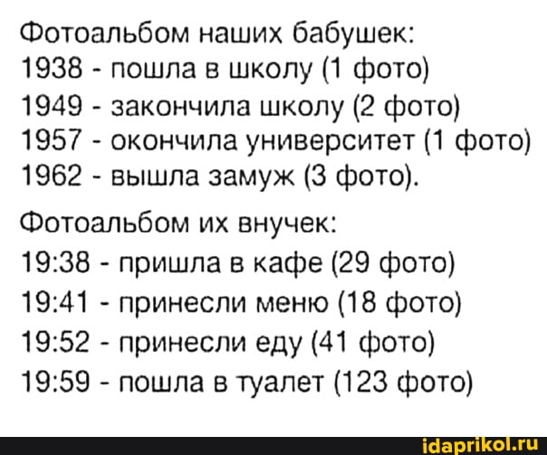 Фотоальбом наших бабушек:
1938 - пошла в школу (1 фото)
1949 - закончила школу (2 фото)
1957 - окончила университет (1 фото)
1962 - вышла замуж (3 фото).
Фотоальбом их внучек:
- пришла в кафе (29 фото)
- принесли меню (18 фото)
- принесли еду (41 фото)
- пошла в туалет (123 фото)