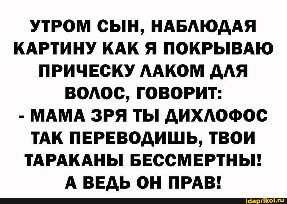 УТРОМ СЫН, НАБЛЮДАЯ КАРТИНУ КАК Я ПОКРЫВАЮ ПРИЧЕСКУ ЛАКОМ ДЛЯ ВОЛОС, ГОВОРИТ:
- МАМА ЗРЯ ТЫ ДИХЛОФОС ТАК ПЕРЕВОДИШЬ, ТВОИ ТАРАКАНЫ БЕССМЕРТНЫ!
А ВЕДЬ ОН ПРАВ!