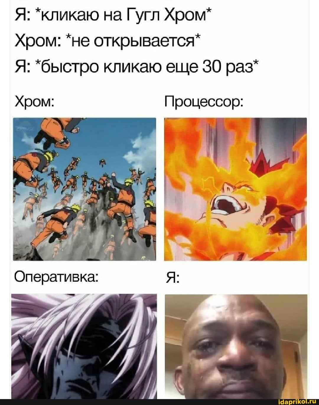 Я: *кликаю на Гугл Хром*
Хром: *не открывается*
Я: *быстро кликаю еще 30 раз*
Хром: Процессор: